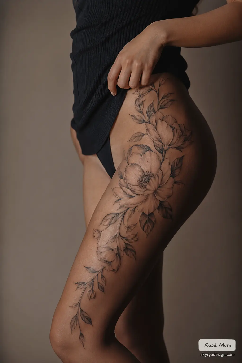 Floral thigh tattoo: black and gray peony stretching from hip to upper thigh with delicate leaves and vine