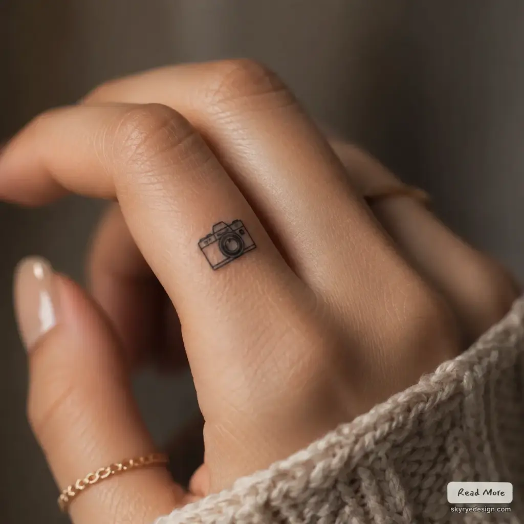 Close-up of a minimalist micro camera tattoo on a finger, styled with gold rings and a cozy knit sleeve