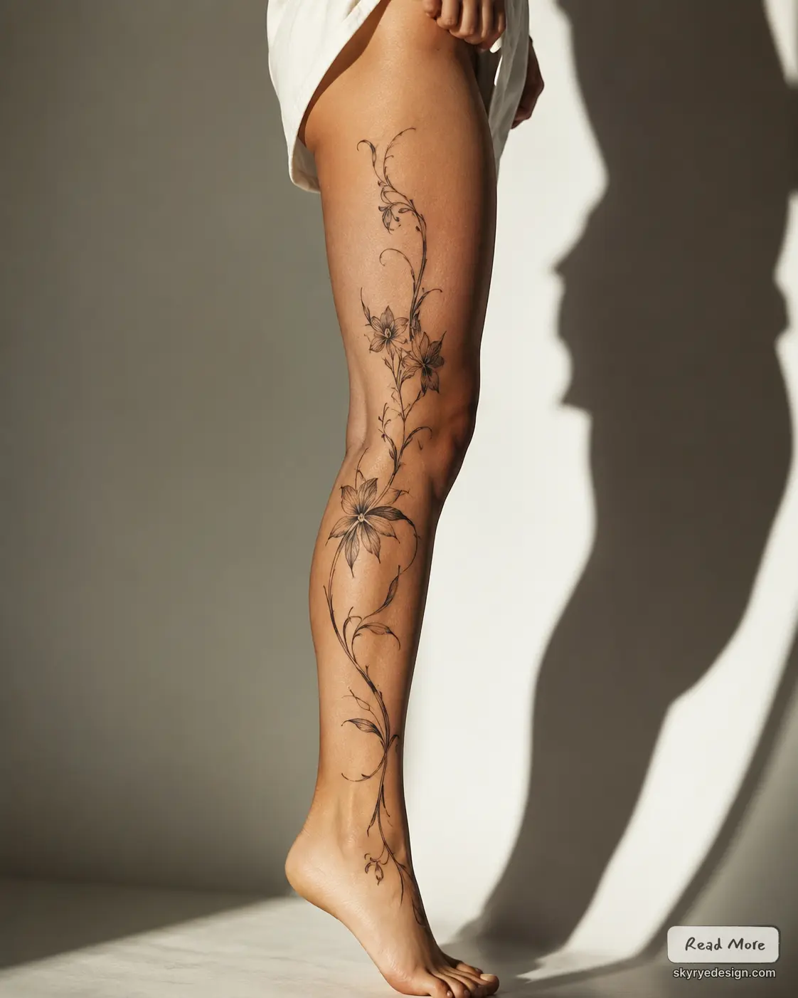 Female leg floral thigh-to-ankle tattoo, delicate black vine ink, minimalist botanical body art