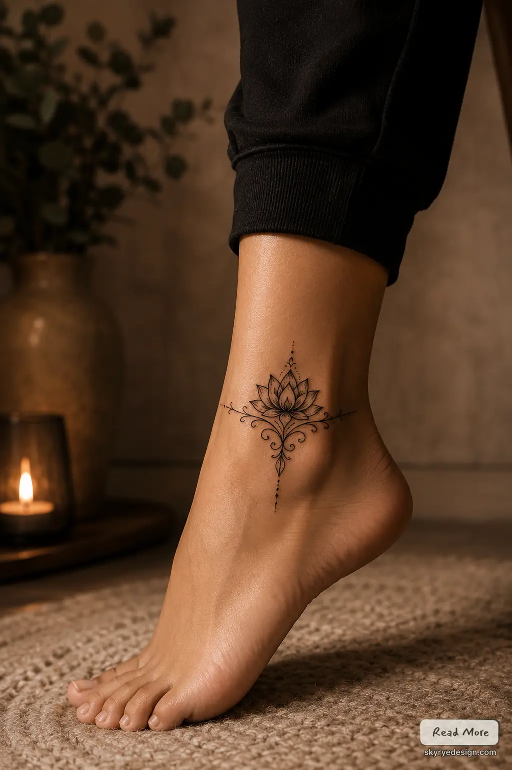 Delicate black ink lotus mandala ankle tattoo on foot, fine ornamental linework in cozy candlelit setting