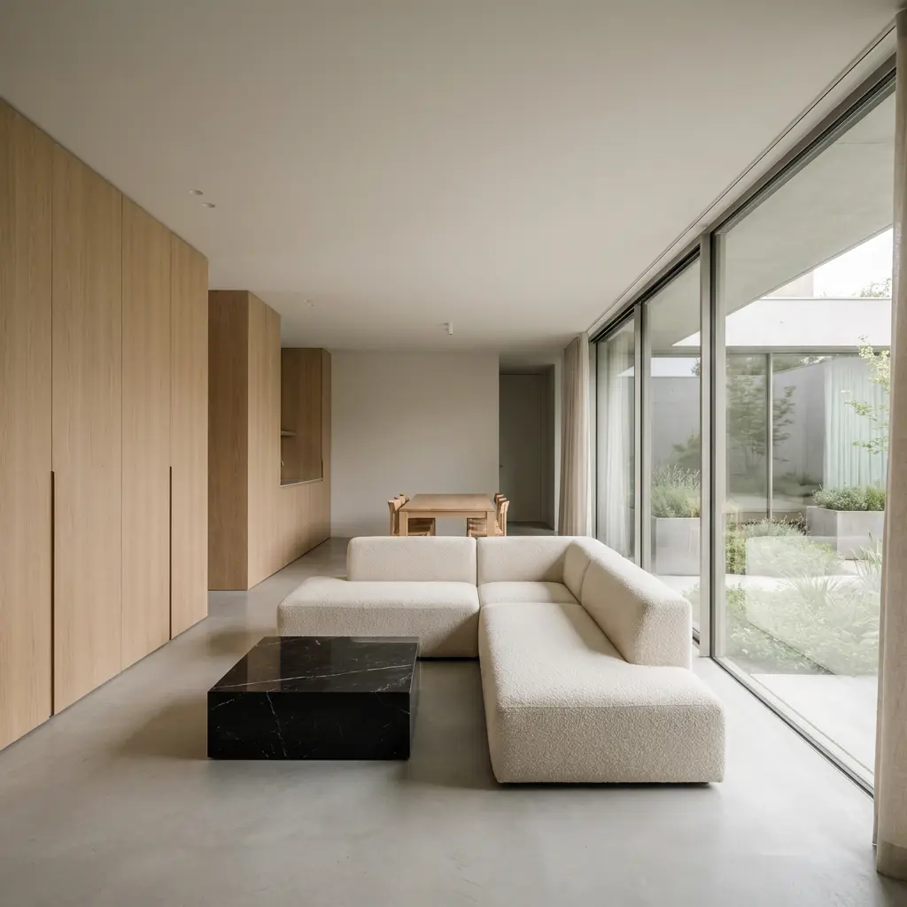 Modern minimalist living room with L-shaped sofa, marble coffee table, floor-to-ceiling windows and wood cabinetry