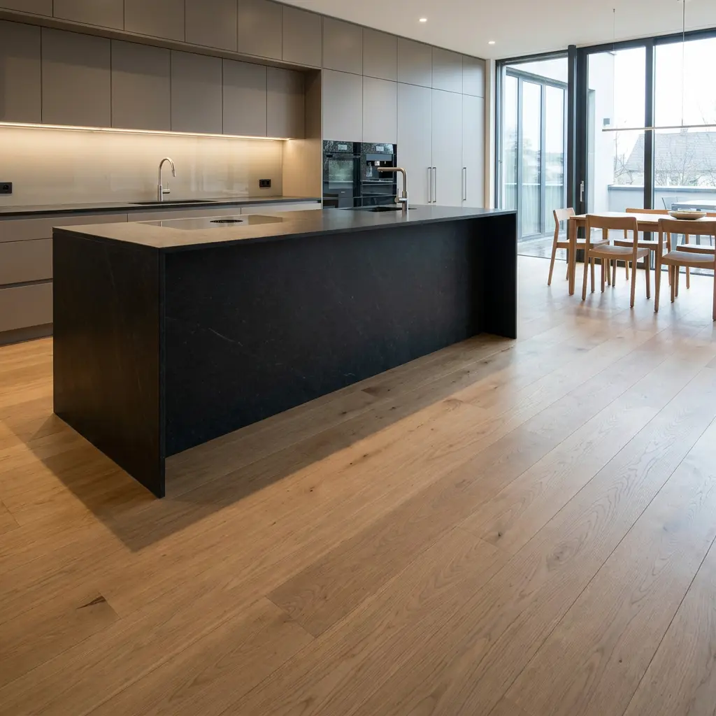 Modern open-plan kitchen with black stone island, light oak hardwood floors, built-in cabinets and dining area by windows