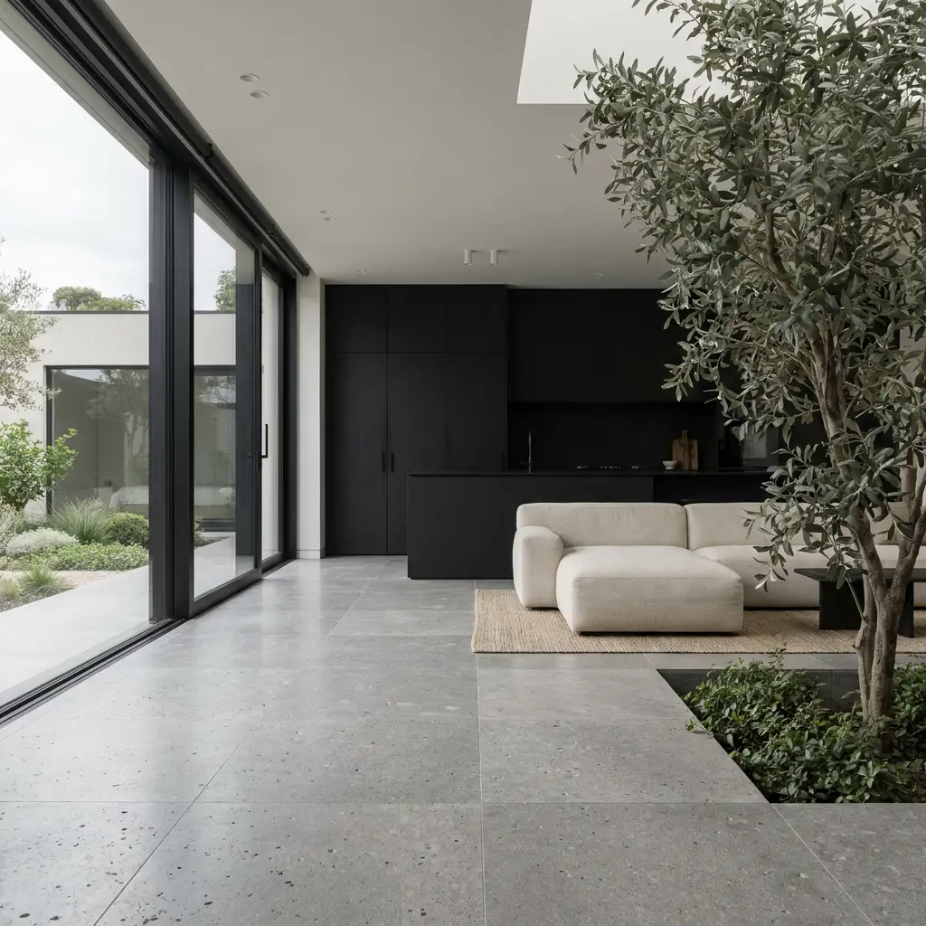 Modern open-plan living room with black kitchen, beige sectional sofa, indoor tree and floor-to-ceiling glass walls