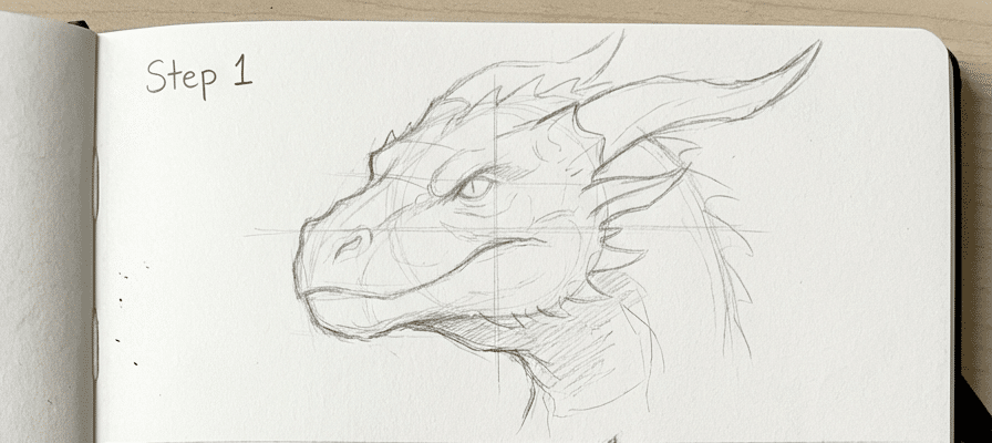 tutorial-step-1 12 Pencil sketch of a dragon head in a notebook marked Step 1, featuring detailed horns and scales on a wooden surface. | Sky Rye Design Pencil sketch of a dragon head in a notebook marked Step 1, featuring detailed horns and scales on a wooden surface.