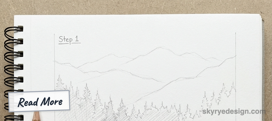 Spiral sketchbook page with pencil Step 1 mountain range and pine tree landscape sketch for a drawing tutorial