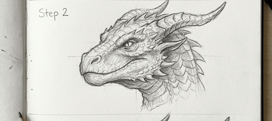 tutorial-step-2 13 Detailed dragon head sketch in a step-by-step drawing guide. Features intricate scales and horns. Perfect for fantasy art enthusiasts. | Sky Rye Design Detailed dragon head sketch in a step-by-step drawing guide. Features intricate scales and horns. Perfect for fantasy art enthusiasts.