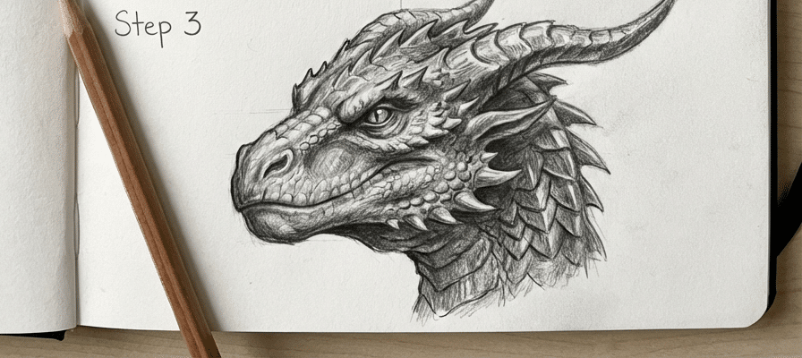 tutorial-step-3 12 Pencil drawing of a dragon's head in a sketchbook, labeled step 3. The detailed illustration features textured scales and sharp horns. | Sky Rye Design Pencil drawing of a dragon's head in a sketchbook, labeled step 3. The detailed illustration features textured scales and sharp horns.