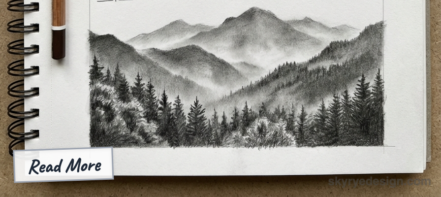 Black-and-white pencil sketch of a misty mountain landscape with pine forest in a spiral-bound sketchbook, pencil beside the drawing.