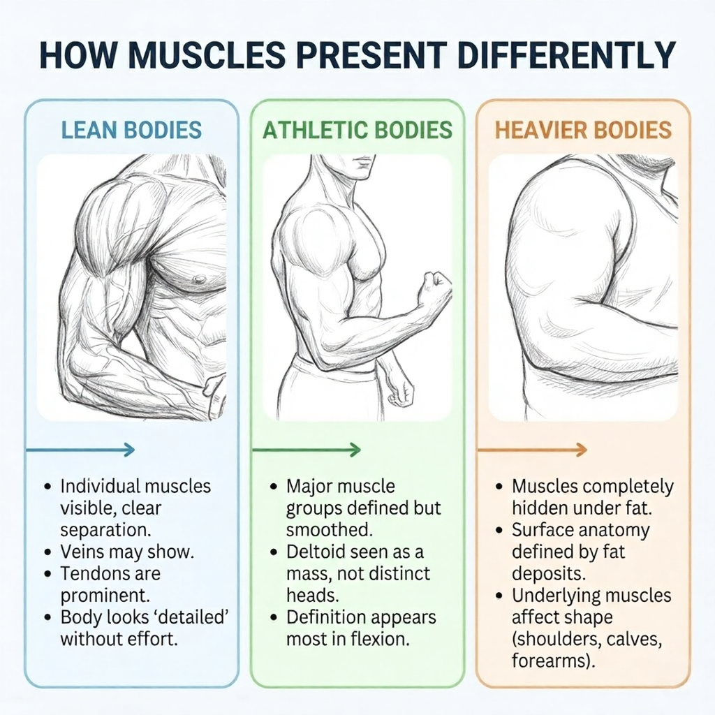 unnamed - 2026-02-13T175804696 Infographic: how muscles present differently – lean, athletic, and heavier bodies with sketches and bullet-point traits of muscle definition. | Sky Rye Design Infographic: how muscles present differently – lean, athletic, and heavier bodies with sketches and bullet-point traits of muscle definition.