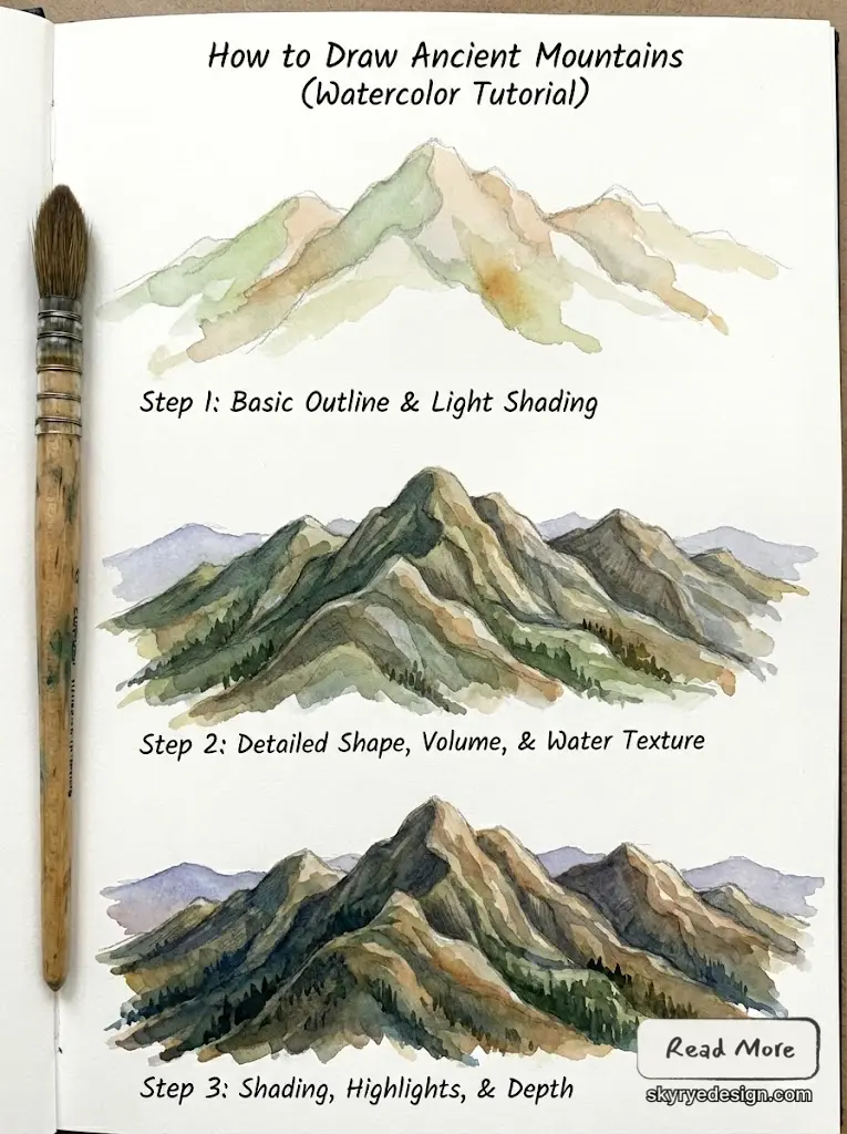 Watercolor tutorial sketchbook page showing three step-by-step mountain paintings with paintbrush, labeled steps: outline, volume, shading.