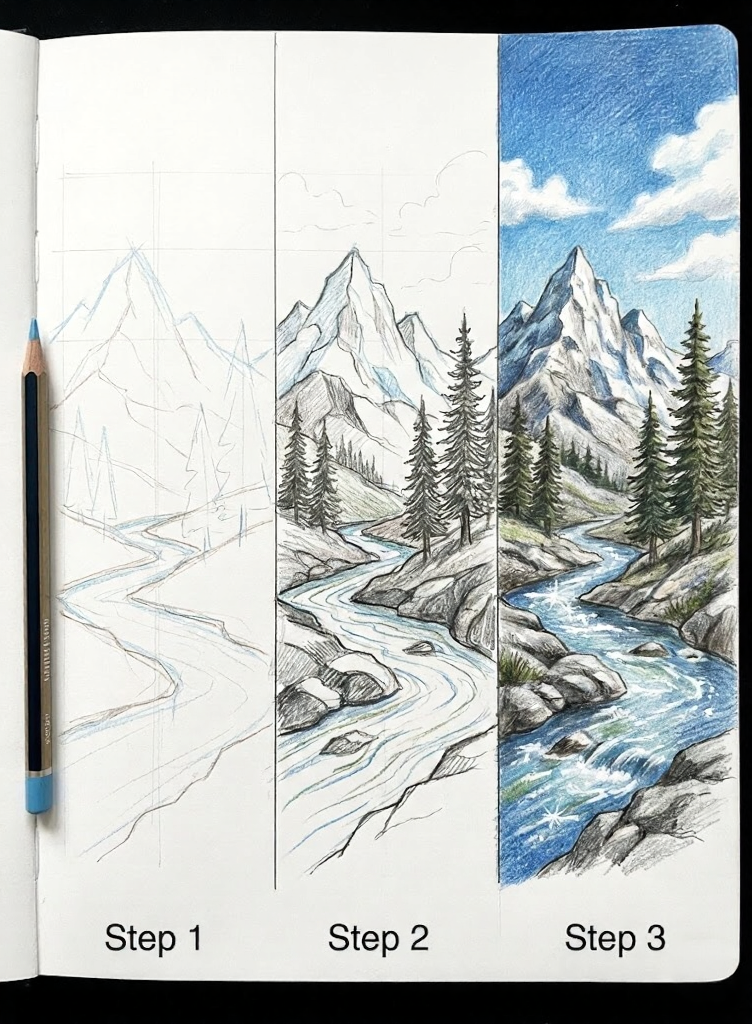 Three-step drawing tutorial: mountain and river scene progressing from light pencil sketch to inked detail to full colored-pencil illustration.