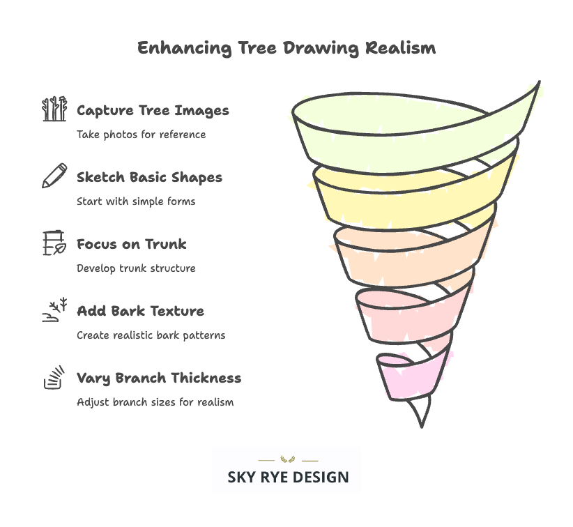 visual-selection-_14_ Guide for enhancing tree drawing realism with steps: capture images, sketch shapes, focus on trunk, add bark texture, vary branch thickness. | Sky Rye Design Guide for enhancing tree drawing realism with steps: capture images, sketch shapes, focus on trunk, add bark texture, vary branch thickness.