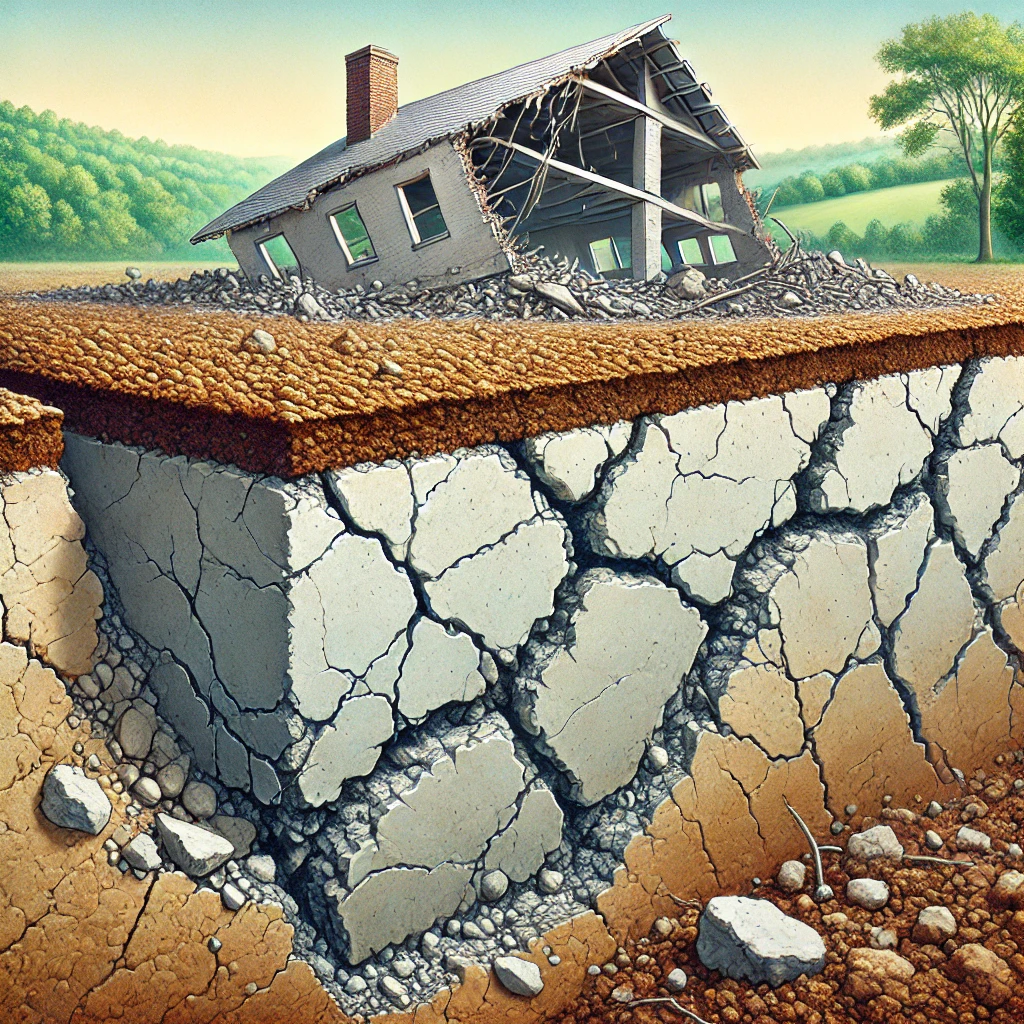 Illustration of a house collapsing on cracked ground, highlighting the effects of an earthquake on building foundations.