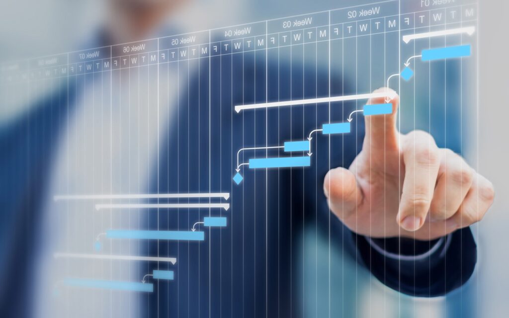 Person managing project timeline on interactive Gantt chart, demonstrating project management and planning efficiency.