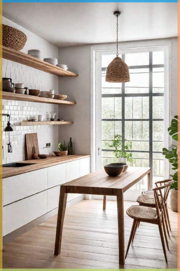 Modern kitchen with wooden shelves, minimalist white cabinets, and a large window creating a bright, airy dining area.