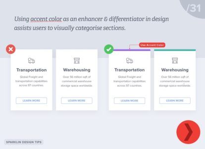 Design tip image demonstrating the use of accent colors to distinguish transportation and warehousing sections for better visual categorization.