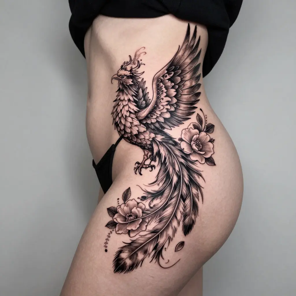 Black and grey phoenix tattoo with flowing tail and roses on female hip/side, intricate shading