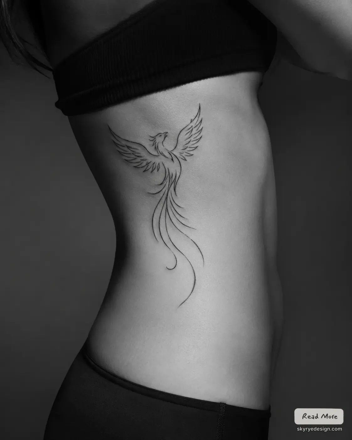 46d3f6a5-56fa-4713-99ce-d3a98179494d Black-and-white side view of a torso with a delicate line-drawn phoenix tattoo along the ribs on the left side of the body. | Sky Rye Design Black-and-white side view of a torso with a delicate line-drawn phoenix tattoo along the ribs on the left side of the body.
