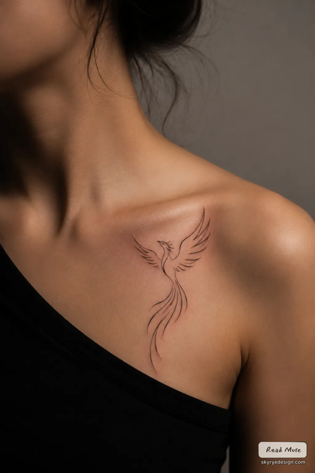 Minimalist Phoenix Outline 1 Minimal line-art phoenix tattoo in black ink on woman's collarbone and upper chest, delicate shoulder design | Sky Rye Design Minimal line-art phoenix tattoo in black ink on woman's collarbone and upper chest, delicate shoulder design
