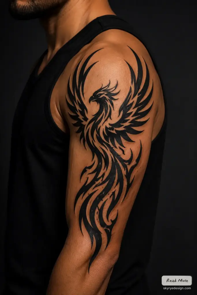 Phoenix tattoo on upper arm 1 Black tribal phoenix tattoo on a male upper arm and shoulder, bold flowing wings and stylized feather flames | Sky Rye Design Black tribal phoenix tattoo on a male upper arm and shoulder, bold flowing wings and stylized feather flames