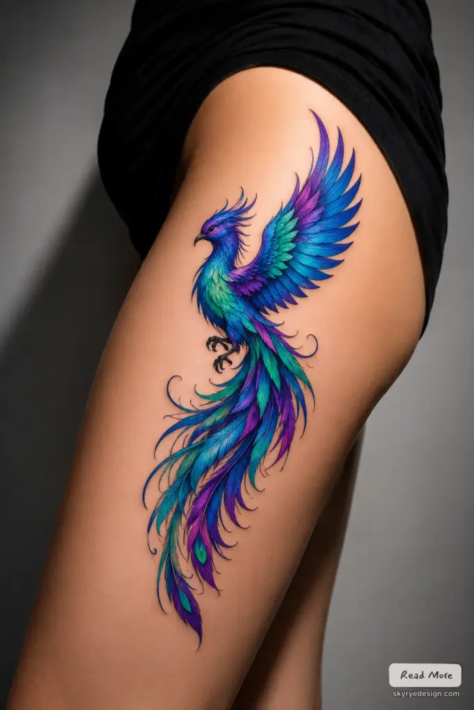 148bb96b-984e-409e-a907-736d6917993f Vibrant blue-purple-green phoenix tattoo on upper thigh with flowing, detailed feathers and bold color contrast | Sky Rye Design Vibrant blue-purple-green phoenix tattoo on upper thigh with flowing, detailed feathers and bold color contrast