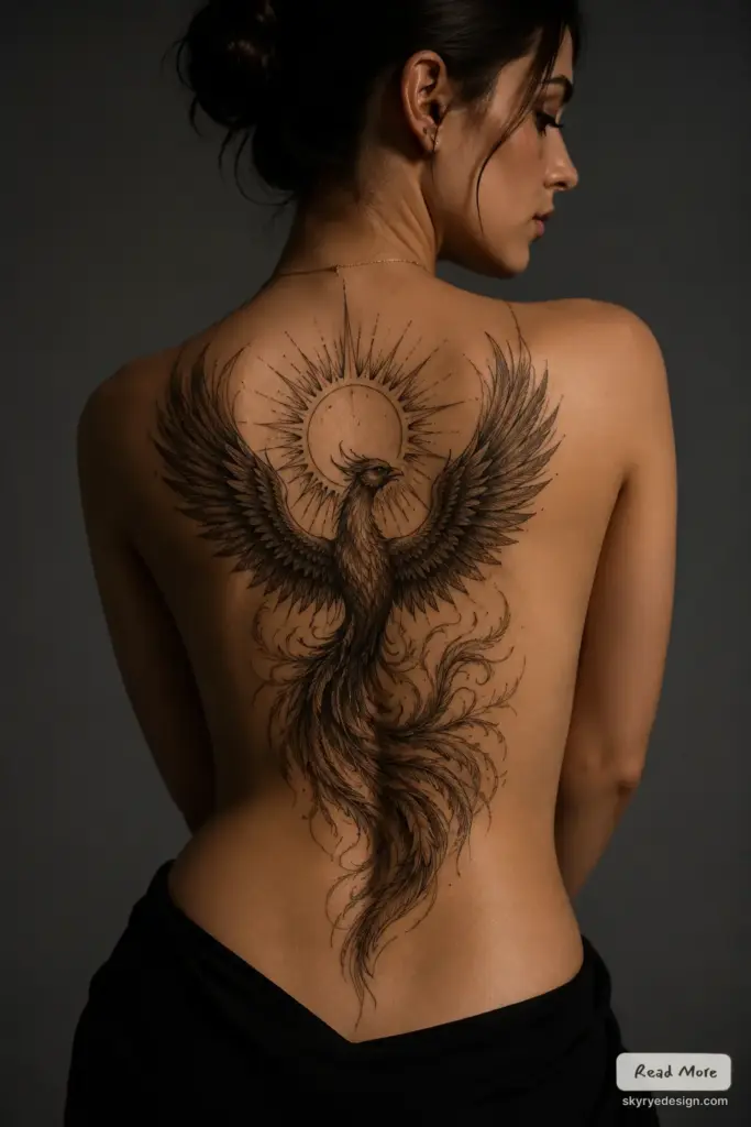 a206661c-9c40-4ac8-ae69-da3b6f323549 Full-back black ink phoenix tattoo with sun halo, detailed wings and flowing tail feathers on woman's back | Sky Rye Design Full-back black ink phoenix tattoo with sun halo, detailed wings and flowing tail feathers on woman's back