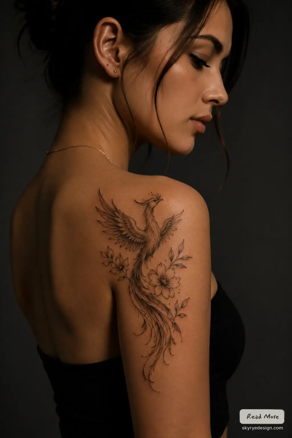 sholder Phoenix with Floral Elements Side-profile woman with fine-line phoenix and floral shoulder tattoo on dark background | Sky Rye Design Side-profile woman with fine-line phoenix and floral shoulder tattoo on dark background