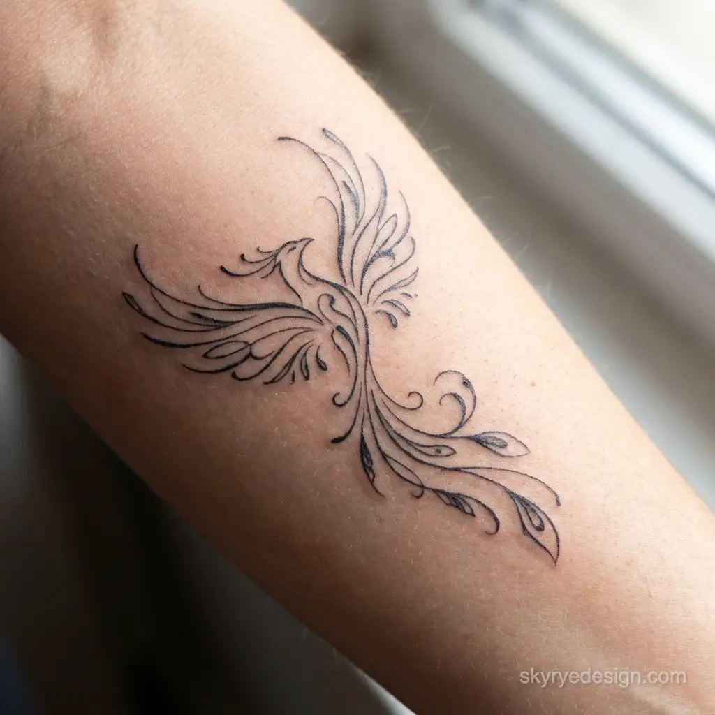 Black fine-line phoenix tattoo with flowing tail and decorative linework on inner forearm