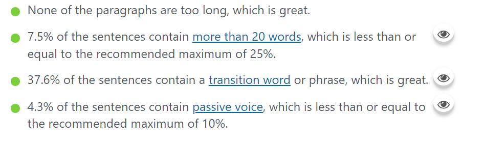 Screenshot displaying sentence length, transition word usage, and passive voice analysis for SEO optimization on a webpage.