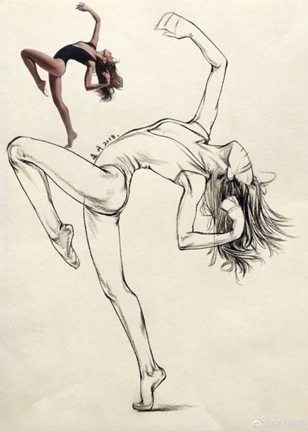 A stylized sketch of a dancer in a leotard captures a dynamic pose, overlaying a realistic image of the dancer mid-movement.