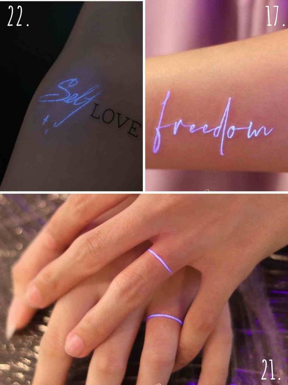 UV tattoo designs: Self Love, freedom scripts on skin, and glowing UV ring tattoos on fingers, showcasing unique body art ideas.