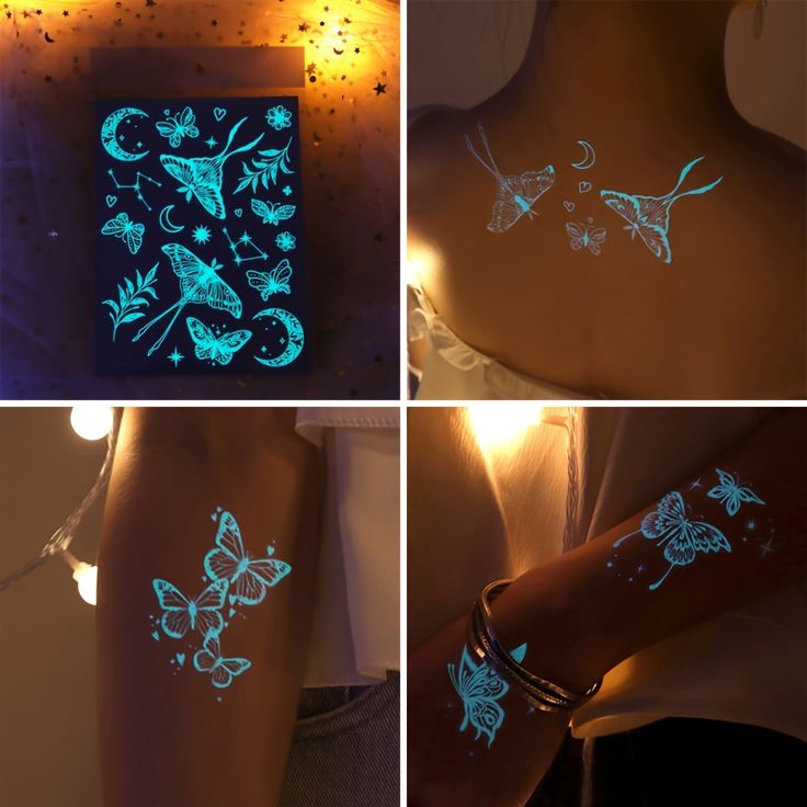 Glow-in-the-dark butterfly and moon temporary tattoos on skin and sheet under fairy lights, creating an ethereal and magical feel.