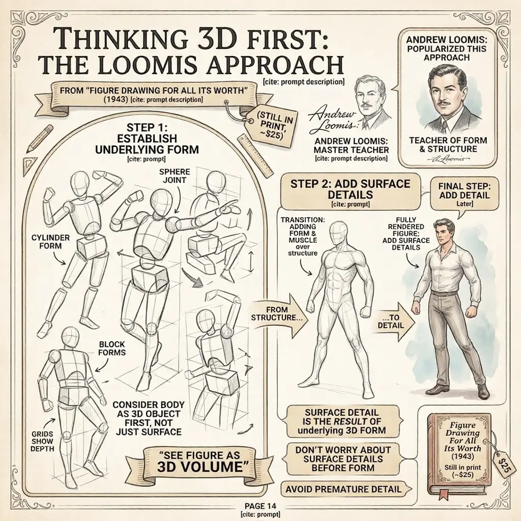 Figure drawing infographic: 3D volume construction with mannequin forms, step-by-step to a rendered human figure
