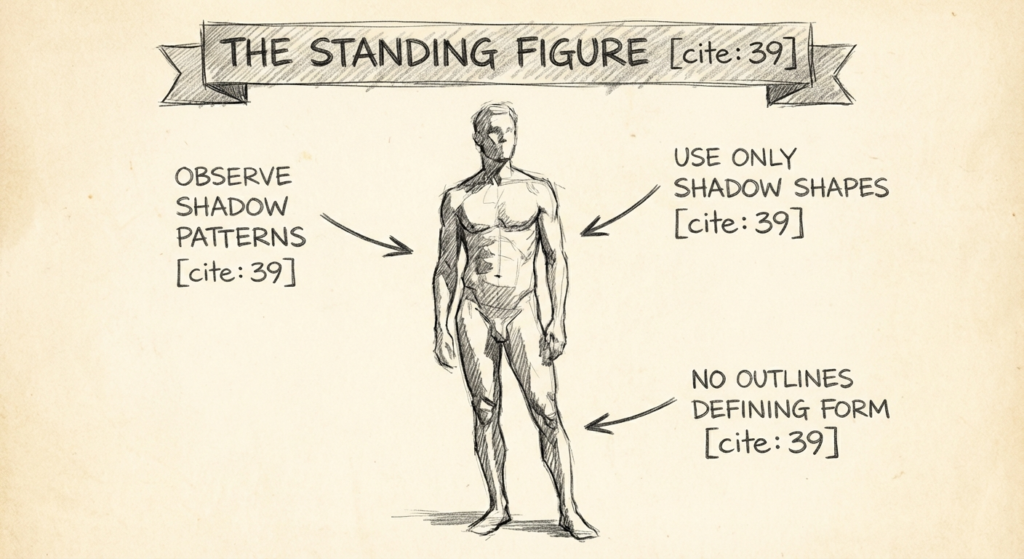 Figure drawing pencil sketch of standing male with arrows indicating shadow patterns; use shadow shapes, no outlines.
