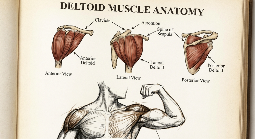 Deltoid muscle anatomy diagram showing anterior, lateral and posterior views with labeled clavicle, acromion and flexed arm