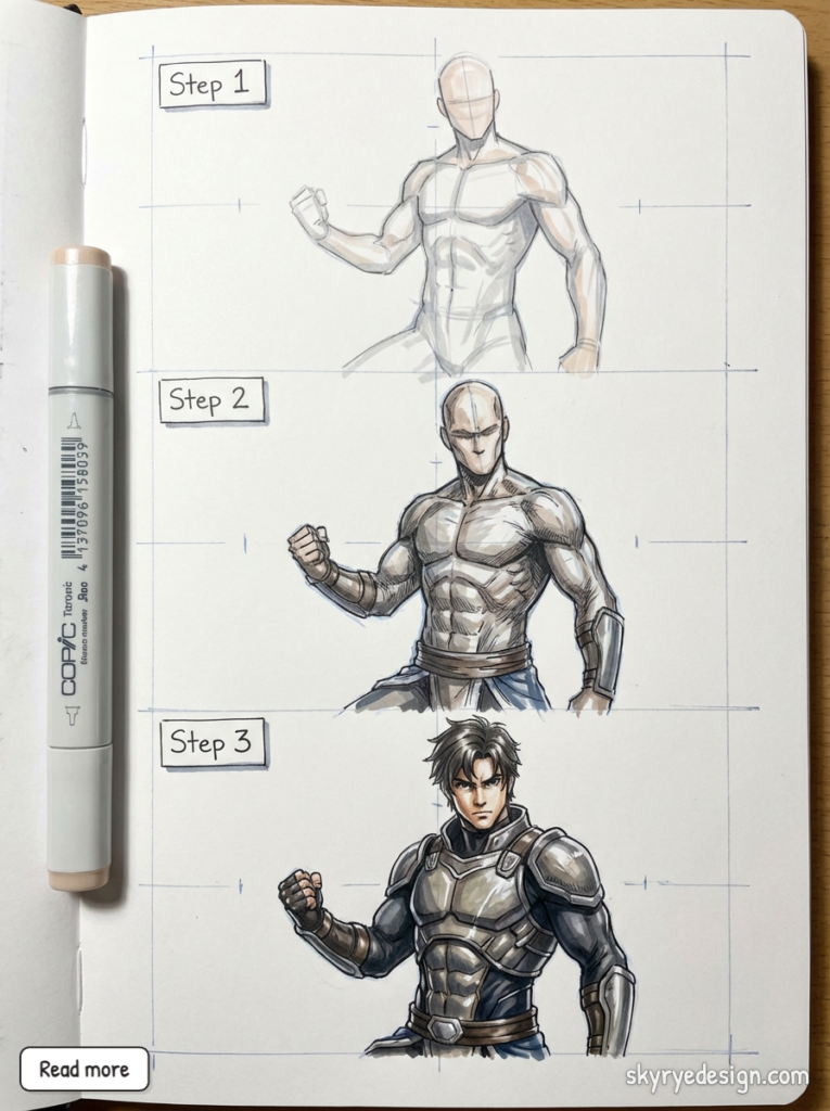 Sketchbook tutorial: three-step character drawing from rough anatomy sketch to shaded, armored hero.