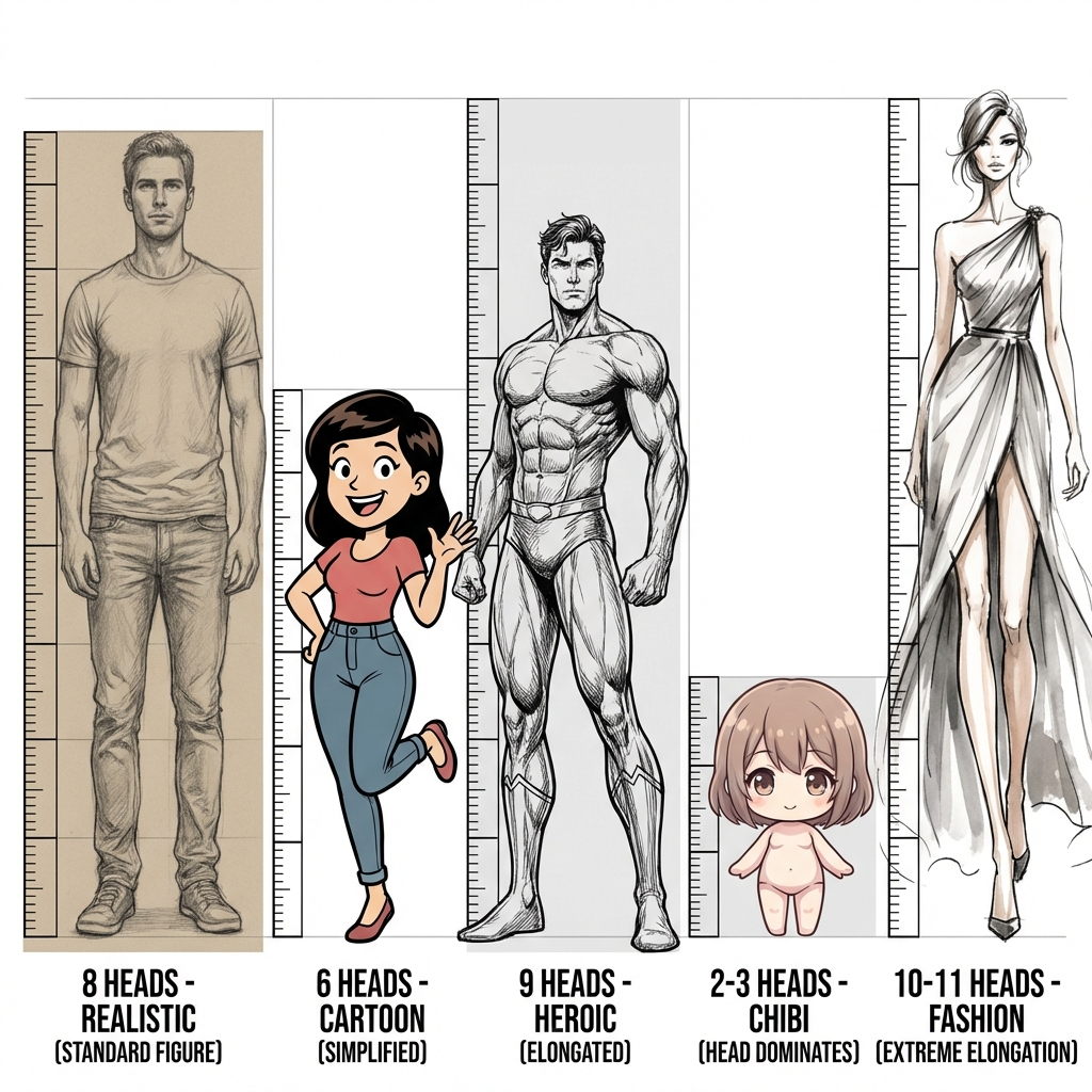 Figure proportions chart: 8‑head realistic, 6‑head cartoon, 9‑head heroic, 2–3‑head chibi, 10–11‑head fashion.