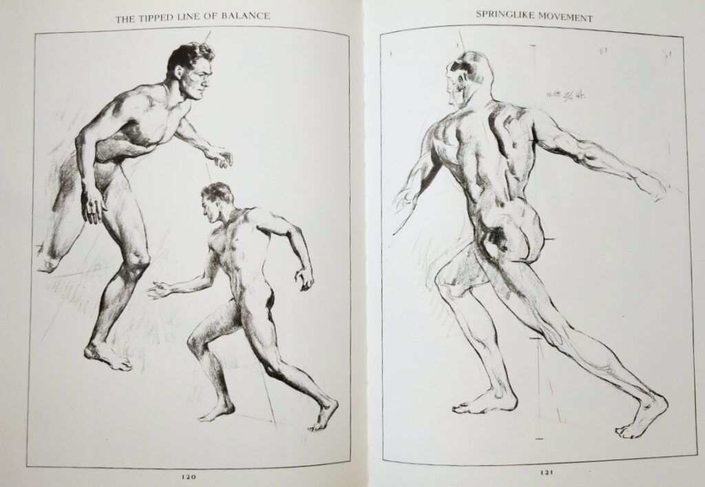 Two-page pencil figure drawing study of male nudes in dynamic, balanced poses - anatomy/gesture drawing book