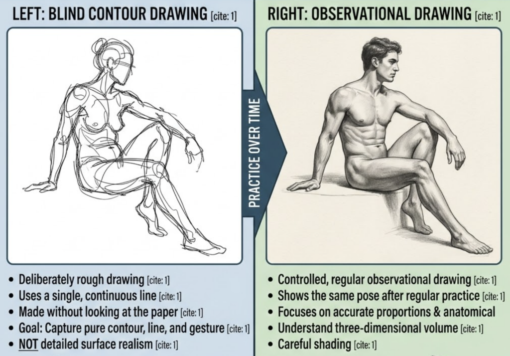 Figure drawing: blind-contour sketch vs detailed observational shaded study of a seated model