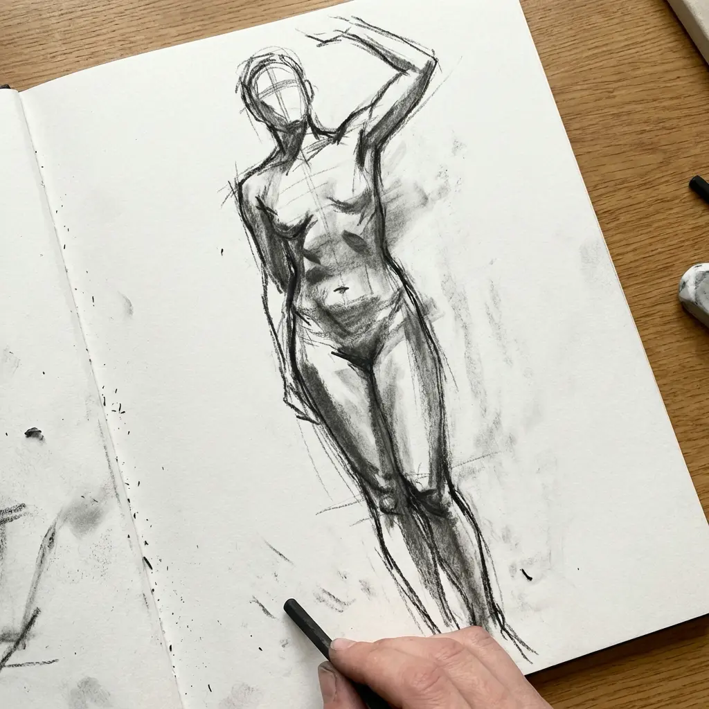 Charcoal figure drawing of standing nude model in sketchbook, artist's hand holding charcoal stick on wooden table