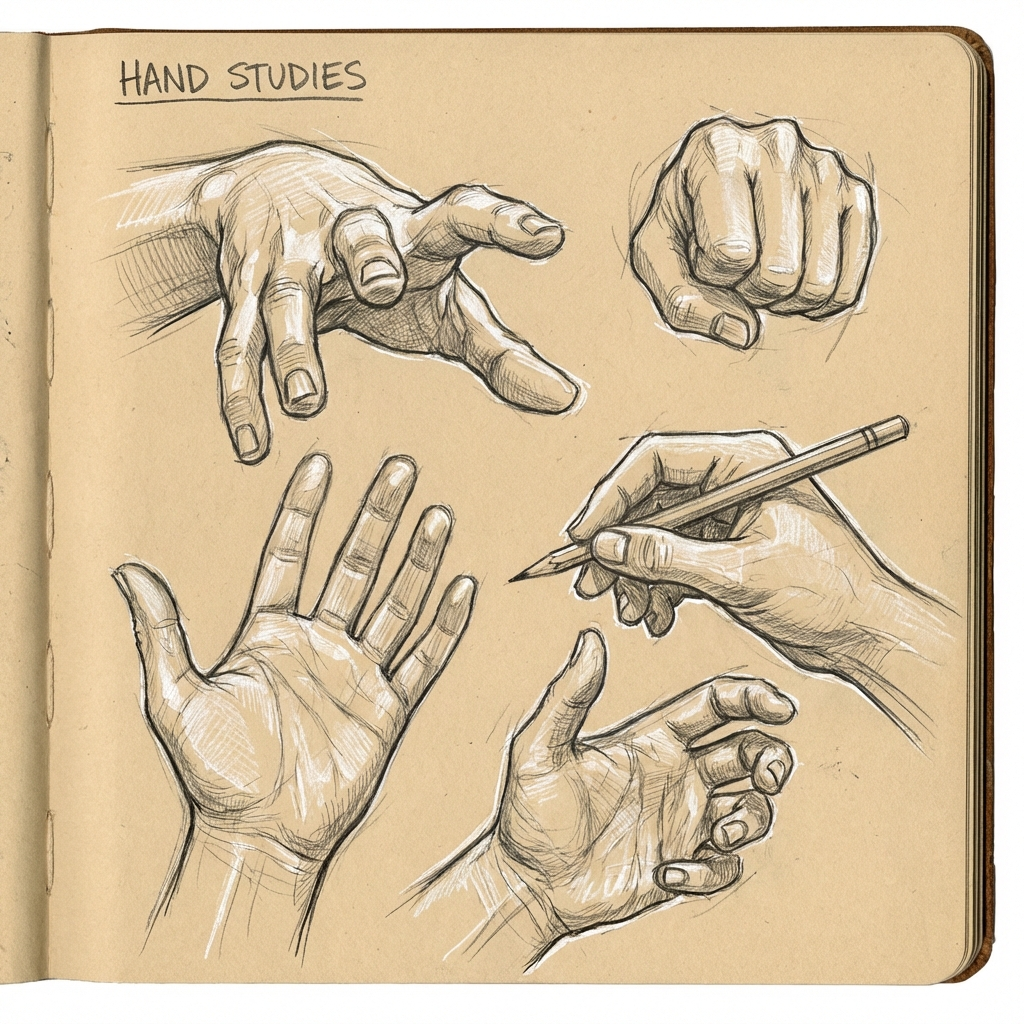 Sketchbook hand studies: detailed pencil drawings of hands in various poses, anatomy reference and a hand holding a pencil