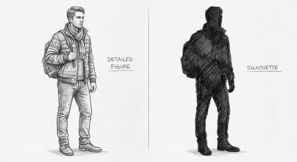 Pencil sketch of detailed male with backpack, sweater and scarf next to black silhouette — character design