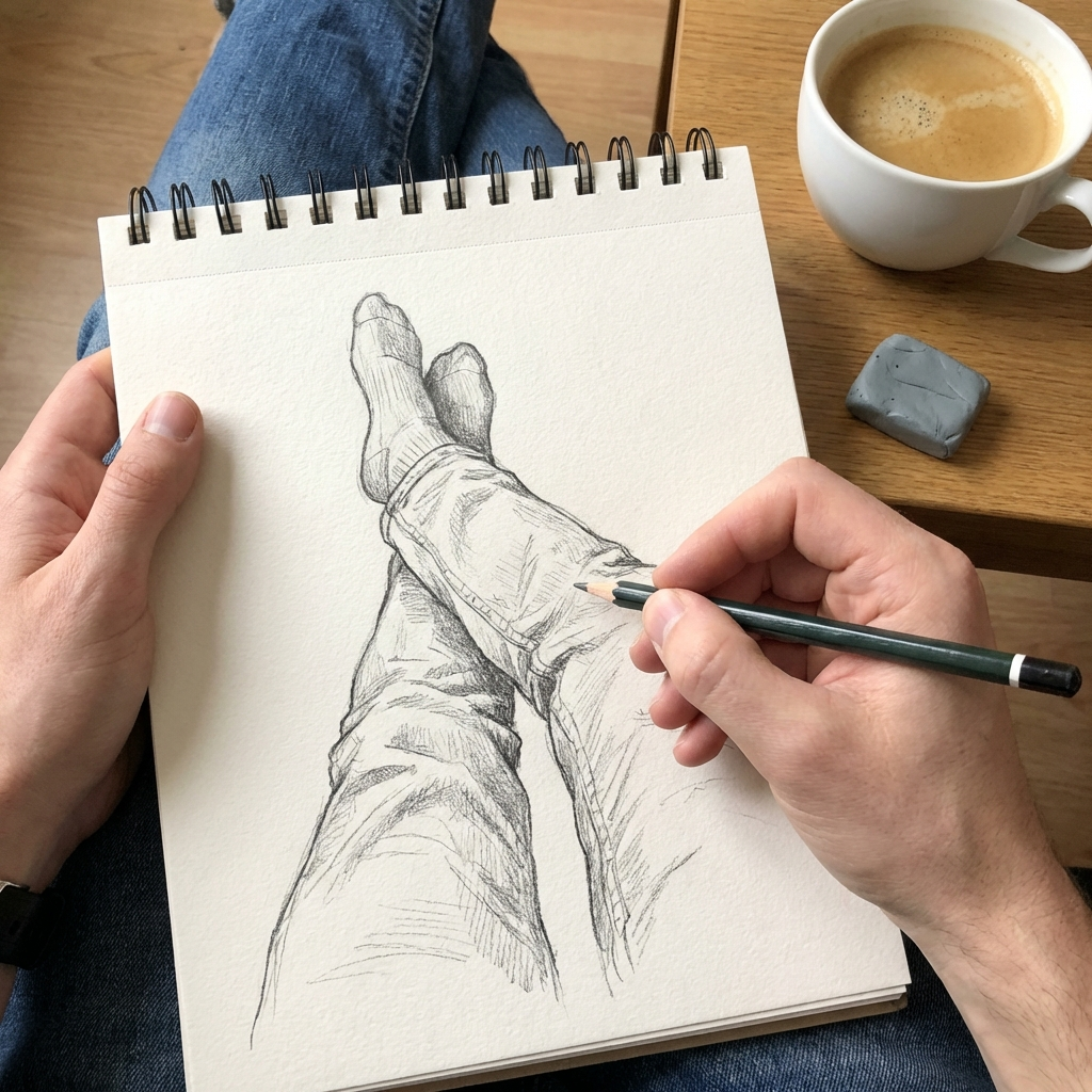 Pencil sketch of crossed legs in a sketchbook, artist drawing with pencil, eraser and coffee on table