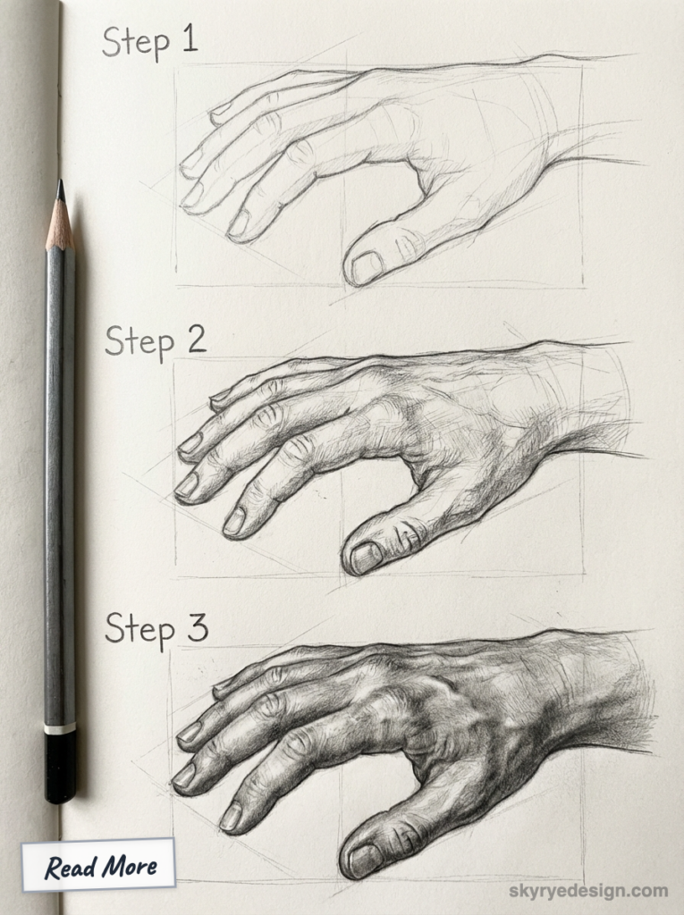 Step-by-step pencil hand drawing tutorial: three stages from rough sketch to realistic shaded hand, pencil at left.