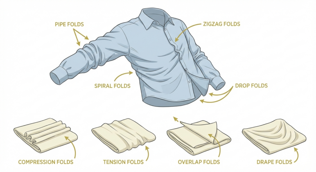 Shirt fabric folds diagram labeling types: pipe, zigzag, spiral, drop, compression, tension, overlap, drape