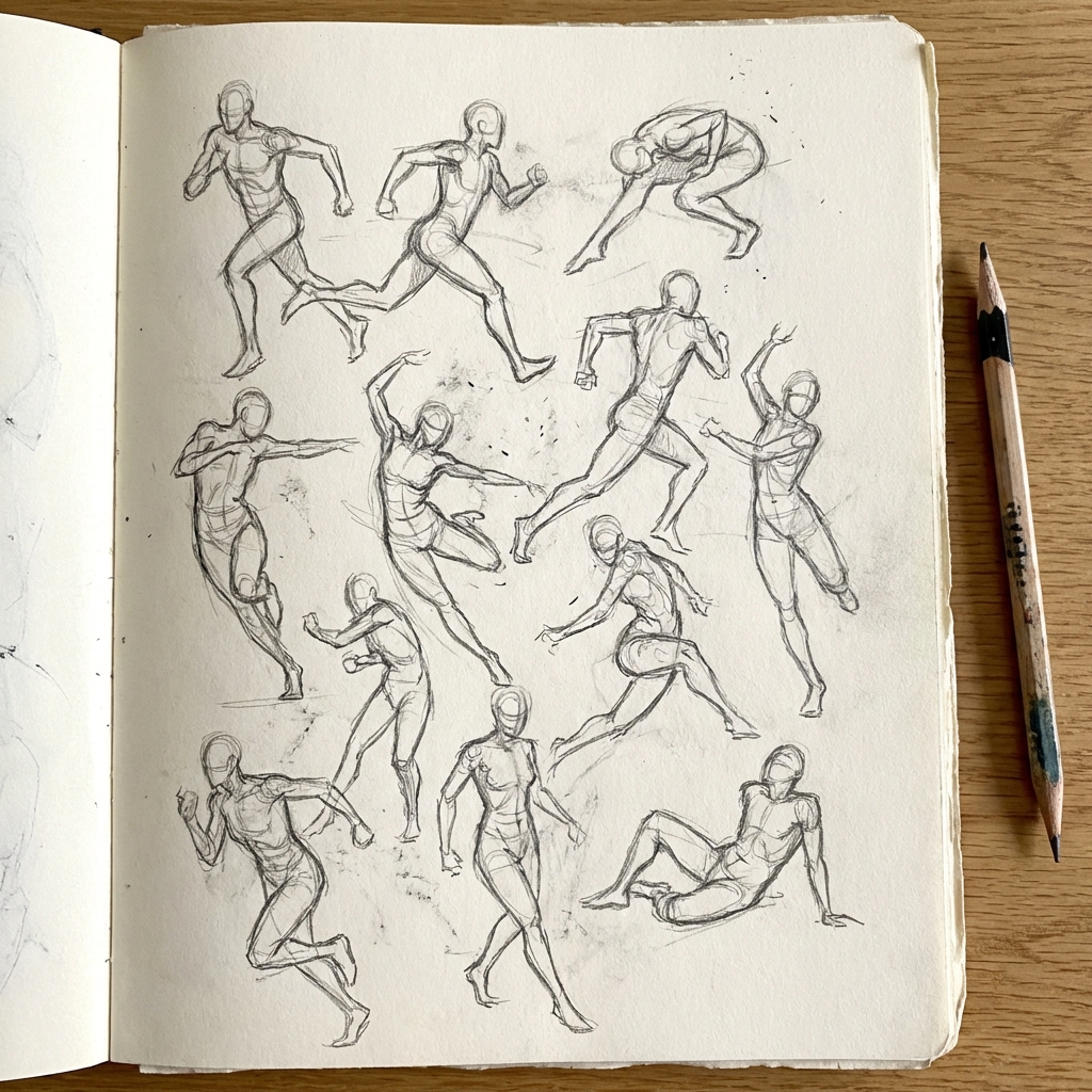 Gesture figure sketches in pencil on a sketchbook page with a wooden pencil, anatomy and movement studies