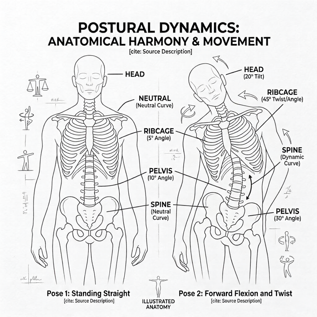 Postural dynamics diagram: front and twisted skeleton showing head, ribcage, spine, pelvis angles for neutral vs flexion.