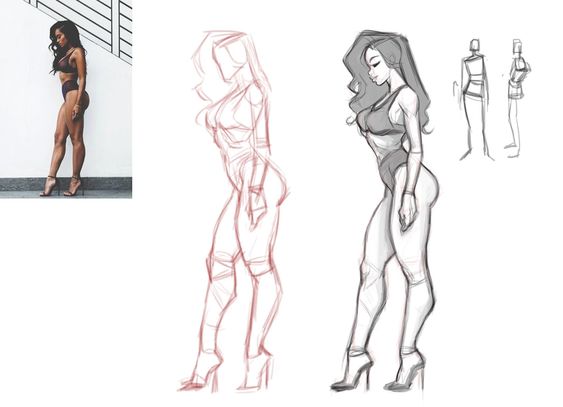 Progressive sketch of a woman in high heels showing stages from photo reference to final drawing, including structured outlines.