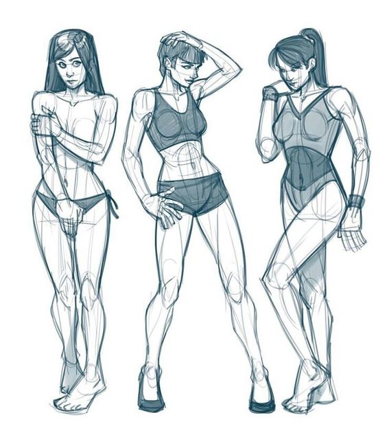 Sketches of three women in swimwear, displaying different poses and body shapes, highlighting anatomy and posture.