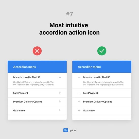 Comparison of less intuitive vs. intuitive accordion menu icons, including safe payment, premium delivery, and guarantee options.